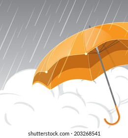 Stylish monsoon season background with open yellow umbrella, and clouds with rain drops. 