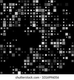 Stylish mosaic texture with grey squares of different scale on black. Vector abstract geometric halftone background for holiday, celebration decorations, paper packaging, textile design, covers