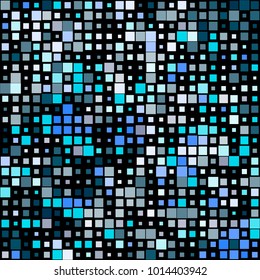 Stylish mosaic texture with squares of different scale and color on black. Vector abstract geometric halftone background for holiday, celebration decorations, paper packaging, textile design, covers