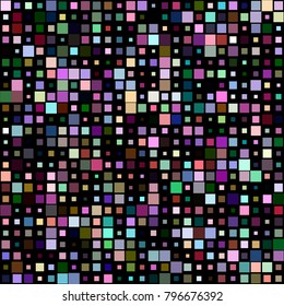 Stylish mosaic texture with squares of different scale and color on black. Vector abstract geometric halftone background for holiday, celebration decorations, paper packaging, textile design, covers
