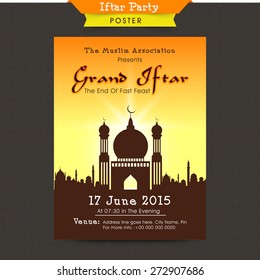 Stylish Mosque decorated beautiful invitation card design for holy month of Muslim community, Ramadan Kareem Iftar Party celebration.