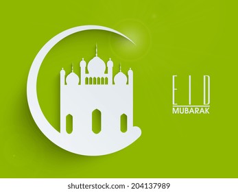 Stylish mosque design on crescent moon for muslim community festival Eid Mubarak celebrations. 