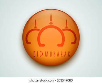 Stylish mosque design on orange icon on grey background for Muslim community festival Eid Mubarak celebrations.