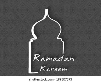 Elegante diseño de mezquita con elegante texto Ramadan Kareem sobre el fondo gris para el mes sagrado de la comunidad musulmana. 