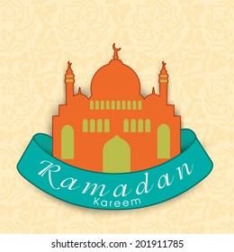 Stylish mosque with green ribbon on seamless floral decorated brown background for holy month of Muslim community Ramadan Kareem. 