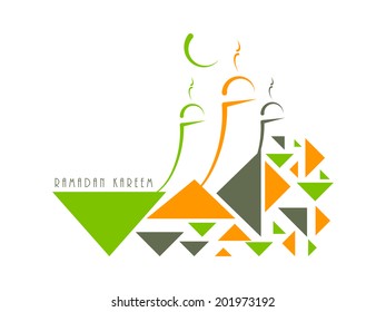 Mesquita elegante em triângulos coloridos decorados fundo para o mês sagrado da comunidade muçulmana Ramadan Kareem. 
