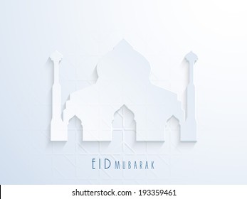 Stilvolle Moschee auf glänzendem blauen Hintergrund, schönes Grußkartendesign zur Feier des Festivals der muslimischen Gemeinschaft Eid Mubarak.