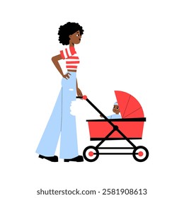 Stylish Mother Walking With Baby In Stroller In Flat Vector Illustration Symbolizing Parenting, Childcare, And Modern Motherhood, Isolated On White Background