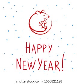Stylish mouse or rat symbol. And the lettering of a happy new year, for Chinese 2020. Vector hand-drawn illustration for cards and congratulations