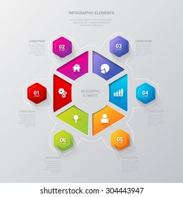 Stylish multicolor hexagonal 6 step sector infographics mockup template. Infographic elements background concept collection.