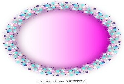 Stylish multi-colored elliptical frame. Blurred circles of pastel colors arranged in an ellipse with a pastel pink background in the middle, with empty space for marketing or other message