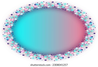 Stylish multi-colored elliptical frame. Blurred circles of pastel colors arranged in an ellipse with a pastel pink and blue background in the middle, with empty space for marketing or other message