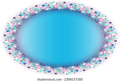 Stylish multi-colored elliptical frame. Blurred circles of pastel colors arranged in an ellipse with a pastel blue background in the middle, with empty space for marketing or other message