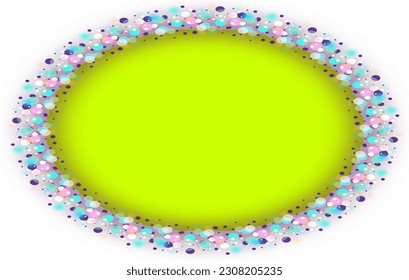 Stylish multi-colored elliptical frame. Blurred circles of pastel colors arranged in an ellipse with a pastel green background in the middle, with empty space for marketing or other message