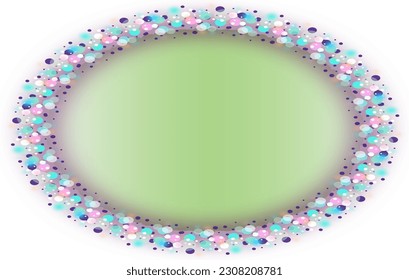 Stylish multi-colored elliptical frame. Blurred circles of pastel colors arranged in an ellipse with a pastel green background in the middle, with empty space for marketing or other message