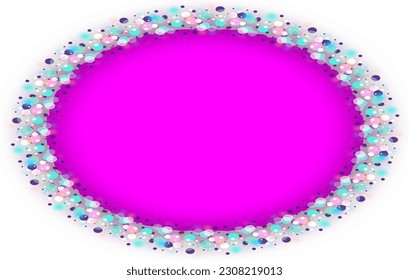 Stylish multi-colored elliptical frame. Blurred circles of pastel colors arranged in an ellipse with a pastel pink background in the middle, with empty space for marketing or other message