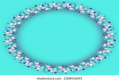 Stylish multi-colored elliptical frame. Blurred circles of pastel colors arranged in an ellipse with a pastel blue background in the middle, with empty space for marketing or other message