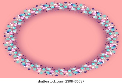 Stylish multi-colored elliptical frame. Blurred circles of pastel colors arranged in an ellipse with a pastel pink background in the middle, with empty space for marketing or other message