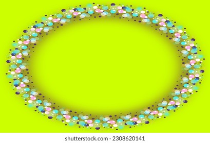 Stylish multi-colored elliptical frame. Blurred circles of pastel colors arranged in an ellipse with a pastel green background in the middle, with empty space for marketing or other message