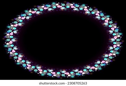 Stylish multi-colored elliptical frame. Blurred circles of pastel colors arranged in an ellipse on a black background, with empty space for marketing or other message