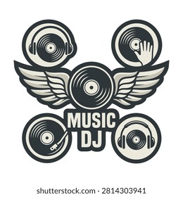 A stylish music DJ emblem featuring vintage vinyl records with wings, professional headphones, and a hand mixing beat. Perfect for club branding and event posters.