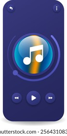 A stylish music player interface featuring a central gradient icon with a musical note, surrounded by sleek playback controls