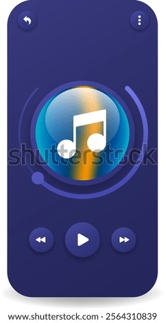 A stylish music player interface featuring a central gradient icon with a musical note, surrounded by sleek playback controls