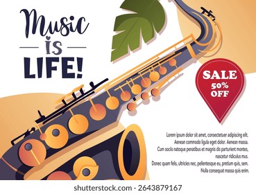 Vetor de música elegante com um saxofone, folhas e música é texto de vida. Ideal para campanhas promocionais, festivais e cartazes criativos.
