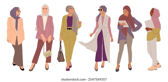 Stylish muslim business women wearing modern smart casual outfit and hijab. Pretty girls in fashionable office look. Vector realistic female characters isolated on white background.