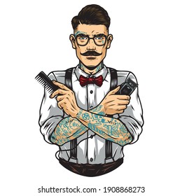 Stylish mustached barber in glasses with tattooed arms holding comb and hair clipper isolated vector illustration