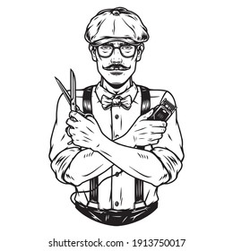 Stylish mustached barber man wearing irish cap eyeglasses bow tie trousers with suspenders and holding scissors and hair clipper in crossed hands isolated vector illustration