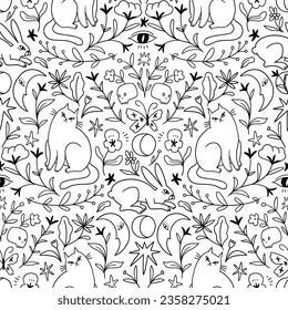 Stylish mystical seamless pattern in tattoo style  Cat  moon   rabbit vector line illustration  Black linear figure design for color book