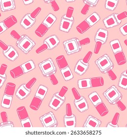 Stylish nail polish bottle pattern on pastel pink background. Hand-drawn seamless design for beauty and fashion projects.