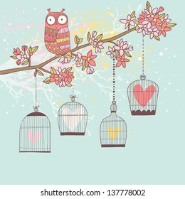 Stylish natural card in vector. Freedom concept background. Romantic wallpaper with owl, branch and cages