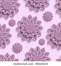 Stylish nature background seamless pattern with 3d flower dahlia cutting paper. Floral pink trendy wallpaper. Vector illustration