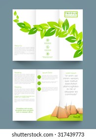 Stylish Nature Trifold, Brochure, Banner Or Template Design With Fresh Green Leaves.