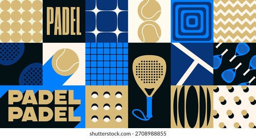 Estilo neogeométrico padrão relacionado com padel. Banner abstrato com raquete de remo, bola e corte. Equipamento para jogos de esporte. Atividade e concorrência. Ilustração de vetor plano
