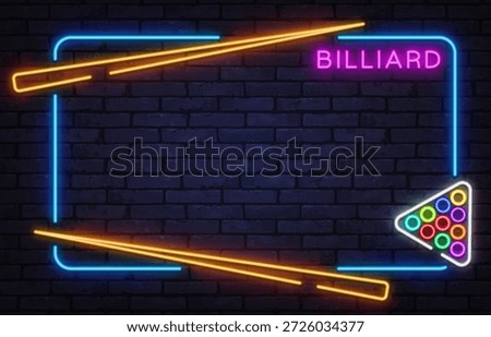 Stylish neon billiard frame with cues and colorful balls. Ideal for pool clubs, game rooms, or sports bar visuals.