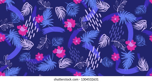 Stylish Neon Colored Pattern With Abstract Exotic Nature and Brush Srtokes