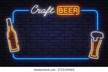 Elegante marco de Vector de neón con letrero de cerveza artesanal, botella e ícono de espuma de vidrio. Ideal para publicidad de bares, marca de cervecería y carteles de vida nocturna.