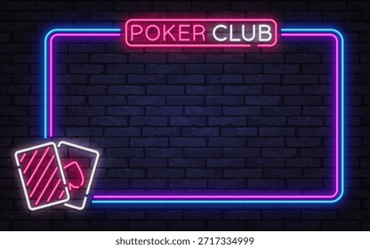 Elegante marco de Vector de neón con signo de club de póquer y el icono de las tarjetas de juego. Ideal para promociones de casino, noches de juego y visuales temáticas de entretenimiento.