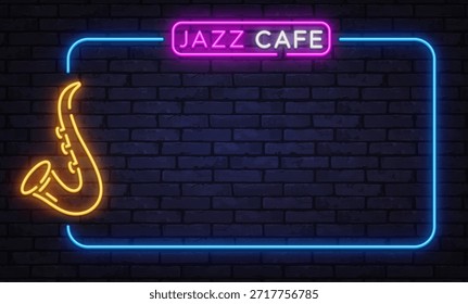 Elegante quadro de vetor de néon com ícone de saxofone e sinal de café de jazz. Ideal para locais de música ao vivo, bares e eventos noturnos.