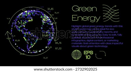 Stylish neon vector world map infographic green energy trends: glowing dotted globe orbit with purple green blue data points stats on black background. Conceptual vector illustration for renewable energy, sustainability, eco technology, climate change, and global green power themes.
