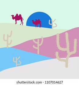 Stylish neutral, gray and pink colors. Vector illustration. Wild cactus on deserts. Sands with cactus.