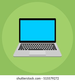 The stylish new laptop in a flat style. Laptop Icon on green background.