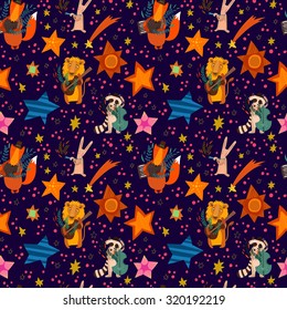  Stylish New Year and Christmas background in vector with cartoon raccoon, lion, rabbit and fox playing on musical instruments.
