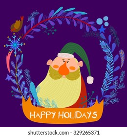Stylish New Year and Christmas card with cute funny Santa Claus. Hand Drawn Vector Illustration of Santa Claus in colorful wreath.- stock vector 
