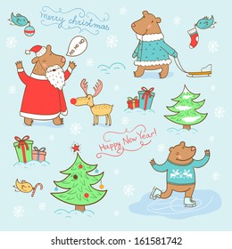 Stylish New Year and Christmas set in vector. Cute Santa Claus, fir tree, gifts, bear, toys, and other holiday elements in bright colors