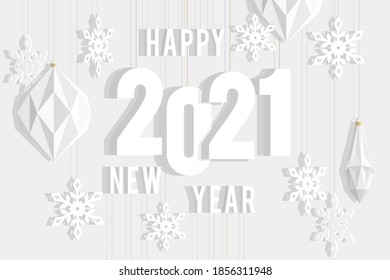 Stylish New Year greetings. Christmas toys and numbers are made of paper and located on a paper background.