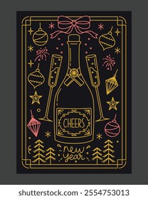 Stylish New Year poster featuring champagne bottle, glasses, festive decorations, and neon-style line art for celebrations and greeting cards.
